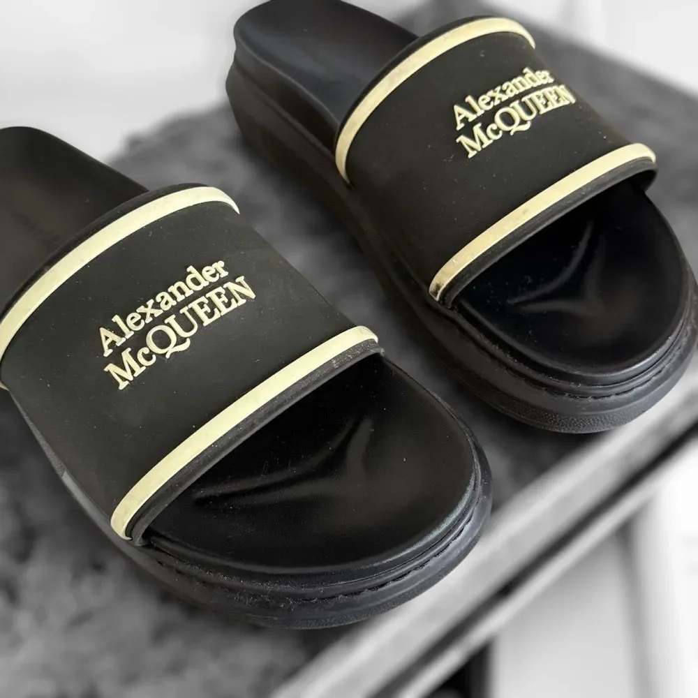 Alexander McQueen Black and Gold Slide Sandals